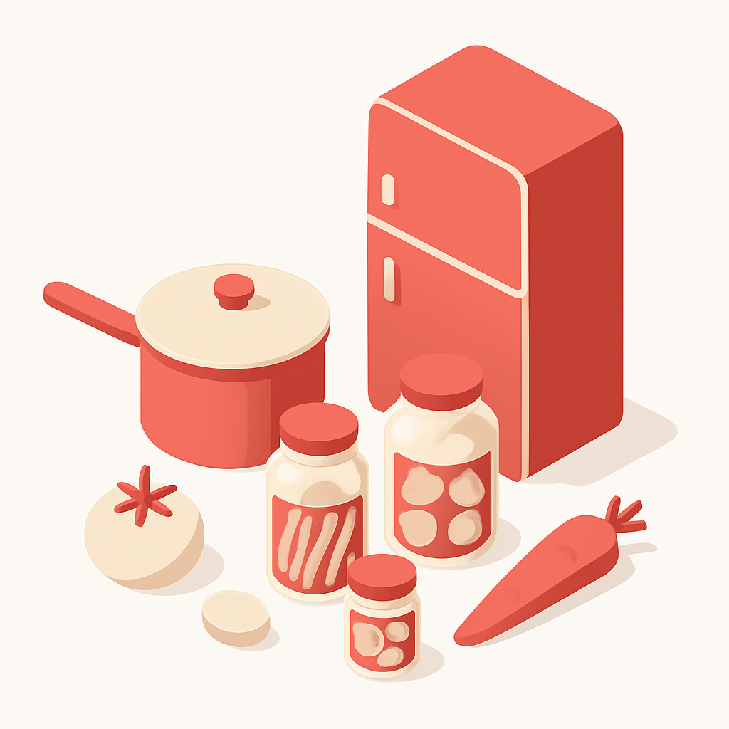 Illustration conservation légumes bocaux frigo anti-gaspillage