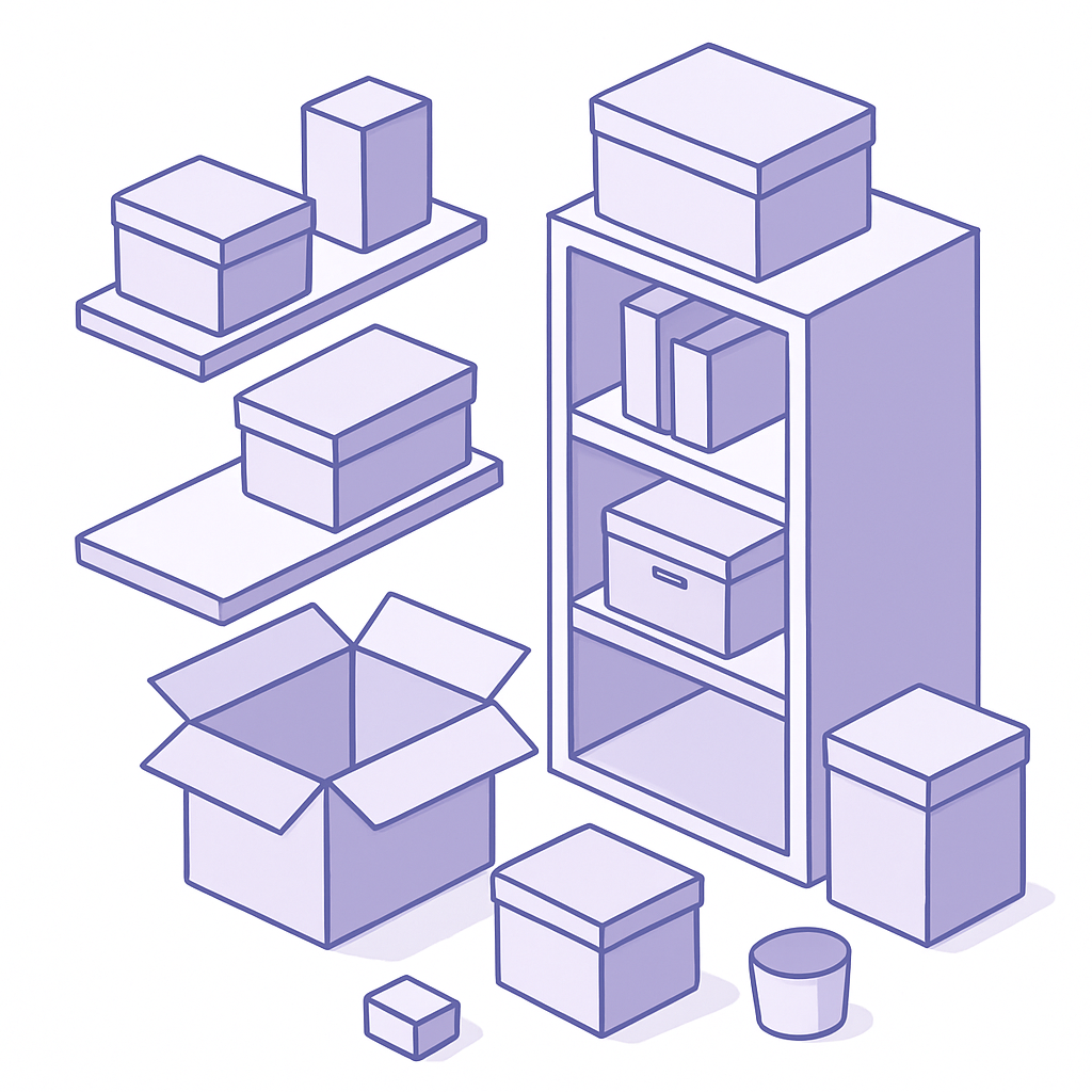 Illustration désencombrement maison cartons tri 3 boîtes méthode