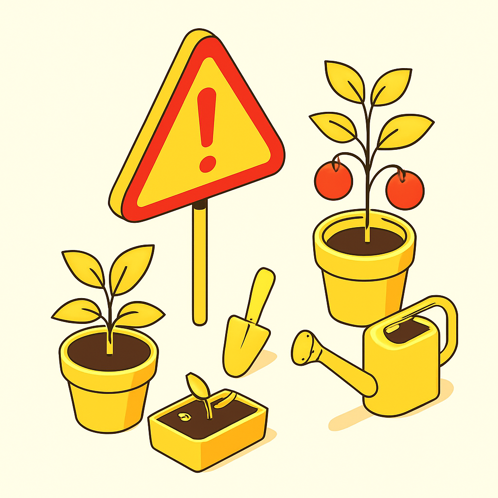 Illustration erreurs jardinage débutant plantes attention panneau
