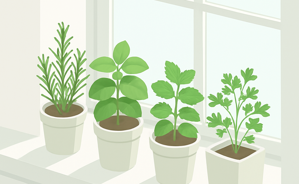 Illustration herbes aromatiques pots intérieur fenêtre basilic thym