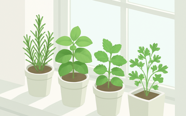 Illustration herbes aromatiques pots intérieur fenêtre basilic thym