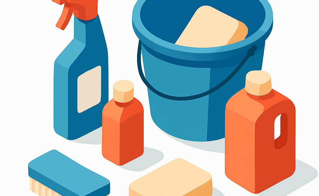 Canapé en tissu gris en cours de nettoyage avec une brosse douce et du produit moussant