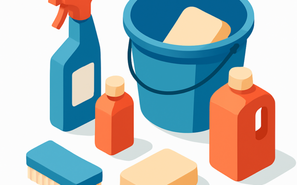 Canapé en tissu gris en cours de nettoyage avec une brosse douce et du produit moussant